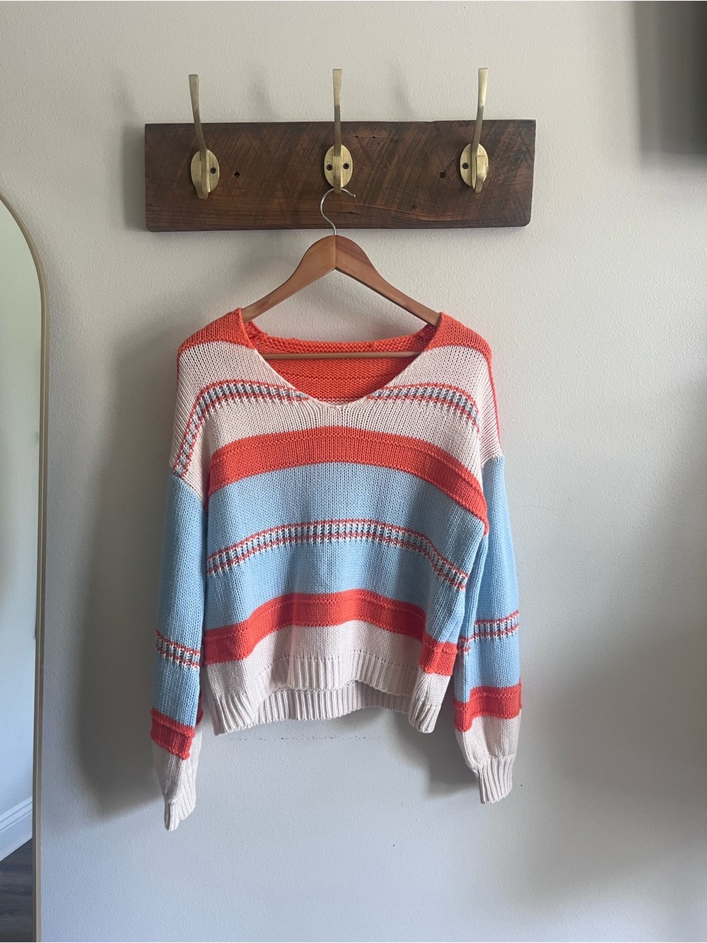 Striped V-Neck Knit Sweater in Coral, Light Blue & Cream